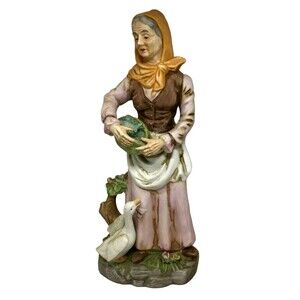 Elderly Woman Fish Duck Goose Figurine UCGC Sculpture Vintage Pastels Taiwan Old